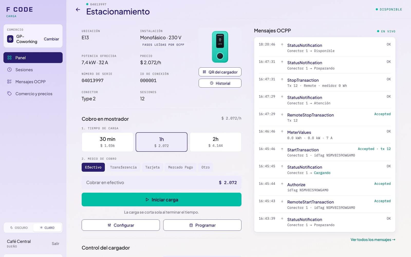 Ficha del cargador con el cobro en mostrador
